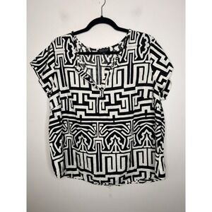 Rachel Zoe Black White Geometric Print V Neck Tunic Top Linen Blend Plus Size 1X